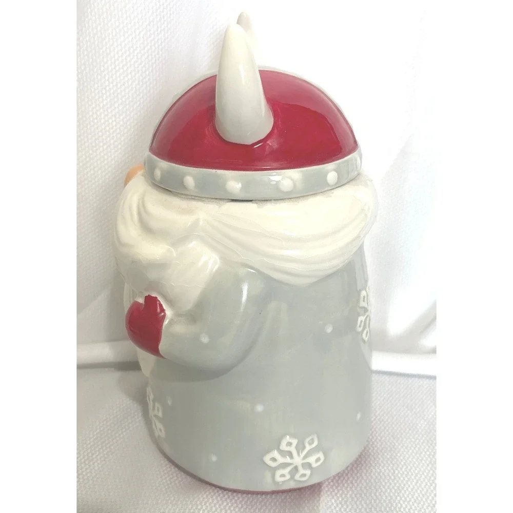 Sleigh Bell Bistro Viking Gnome Ceramic Cookie Jar Grey Red Snowflake Christmas